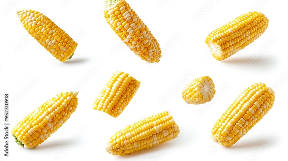 Poster flying fresh corn collection isolated on white background clipping path : generative ai