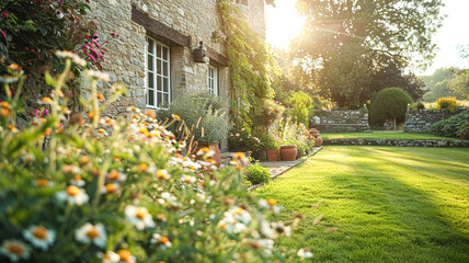 Fototapeta premium Cottage garden decor and furniture, outdoor decor and countryside house patio terrace, country cottage style landscape design idea