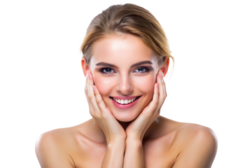Young women touching skin for skin care and smiling, radiance and care, isolated on a white background