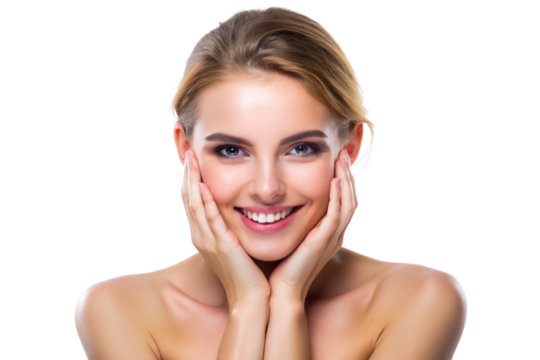 Young women touching skin for skin care and smiling, radiance and care, isolated on a white background