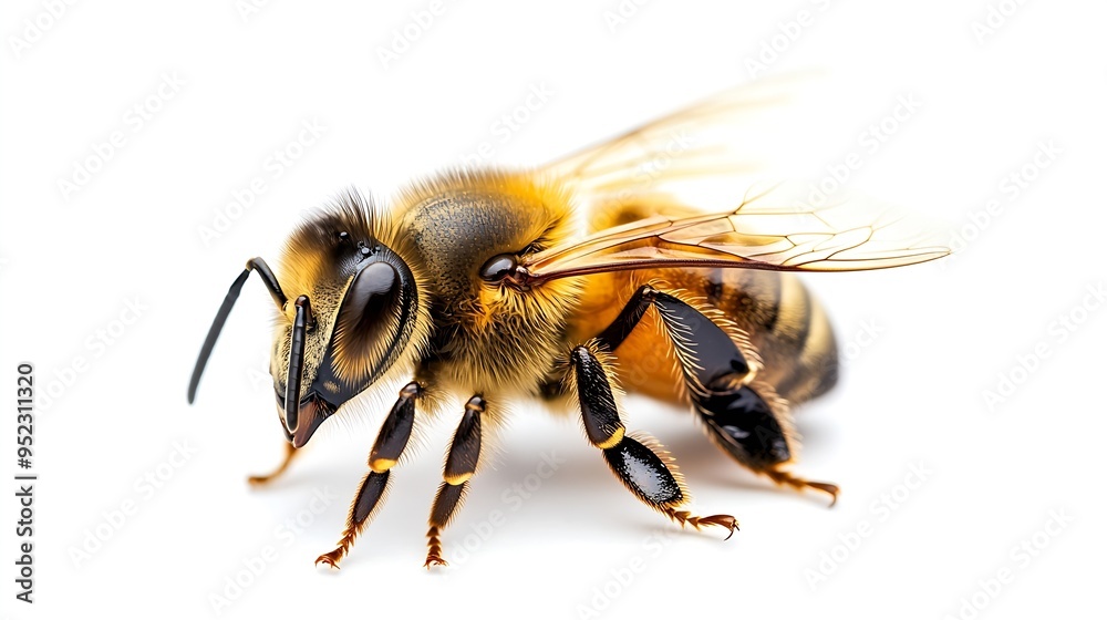 Poster detail of bee or honeybee in latin apis mellifera european or western honey bee isolated on the whit