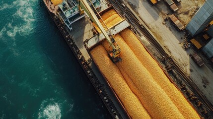 The loading of corn onto a dry cargo ship at the harbor, showcasing a key moment in global grain distribution