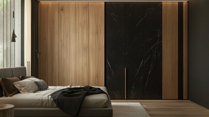 Scandinavian-Style Modern Bedroom Featuring a Wooden Wardrobe with Black Marble Doors, Showcasing Elegant Interior Design