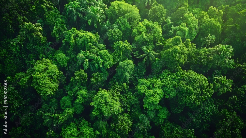 Poster Aerial view of nature green forest and tree Forest ecosystem and health concept and background texture of green forest from aboveNature conservation conceptNatural scenery tropical gre : Generative AI