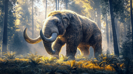 Extinct American Mastodon walking through dense ancient forest during the Ice Age

