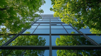 Sustainable green building Ecofriendly building Sustainable glass office building with trees for reducing carbon dioxide Green company office with green environment Corporate building  : Generative AI