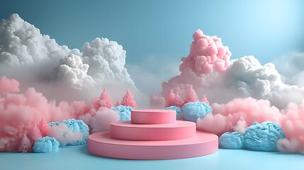 Pink podium with blue and pink clouds in a dreamy, surreal setting.