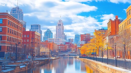 Obraz premium Providence skyline buildings and street landscape in vibrant uplifting colors Rhode Island USA : Generative AI