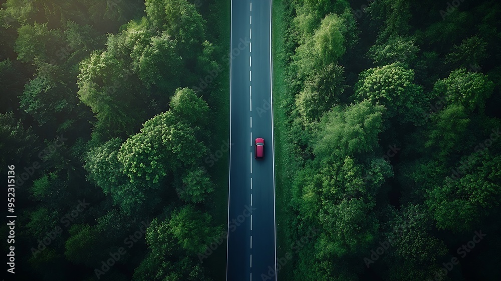Poster aerial view of a road in the middle of the forest top view of asphalt road through forest with car a