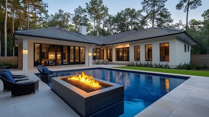 New home beautiful backyard with custom pool with fire pit : Generative AI