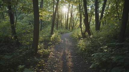 Obraz premium A bike trail through a forest, with sunlight filtering through the trees, perfect for text overlay.