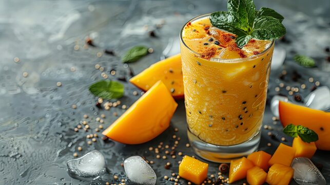 Indian mango lassi made with yogurt water spices fruits and ice on a gray background