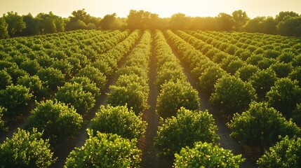 Aerial view of Florida farmlands with rows of orange grove trees growing on a sunny day : Generative AI