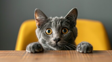 Curious gray cat peering over table