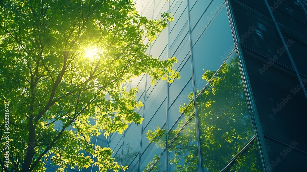 Aufkleber eco architecture green tree and glass office building the harmony of nature and modernity reflection
