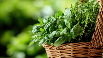 Naklejka premium A close-up of fresh herbs in a basket, with ample space for text on the side. No people.