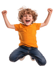 Young boy jumping with joy in orange t-shirt and blue jeans isolated on transparent background

