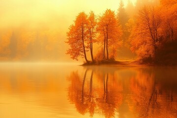 Fototapeta premium Three Trees Reflected in a Misty Autumn Lake
