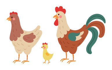 Farm birds. Cute rooster and hen, hand drawn domestic chicken. Easter decorative isolated decor. Family icons, organic eco agriculture food. Shop mascot vector cartoon flat style isolated illustration