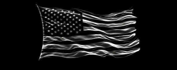 An American flag in black and white fluttering against a black backdrop