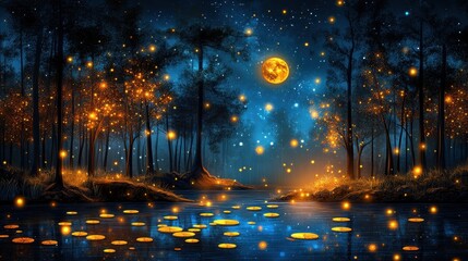 Forest river at night, glowing water lilies