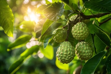 Green Custard Apple Fruit on Branch with Leaves