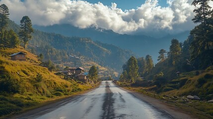 Fototapeta premium The road to the village with mountains and trees on the side as a backdrop : Generative AI