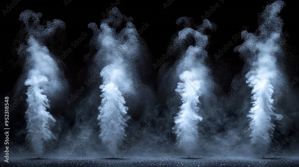 Poster includes closeup shots of abstract white steam or smoke rising upwards from humidifying spray isolat