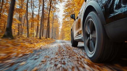 CLOSE UP Black SUV car driving along double yellow forest road past colorful trees on autumn day Detail of car tire spinning while driving through bright autumn forest in sunny fall Ca : Generative AI