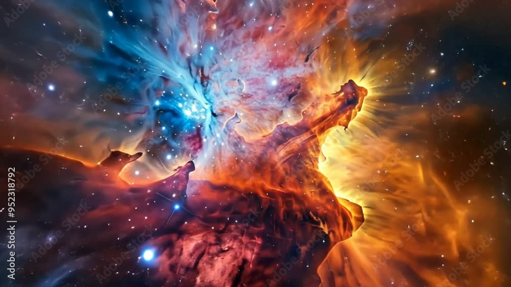 Poster A colorful nebula with a bright orange and blue center. The stars are scattered throughout the image, with some closer to the foreground and others further away. Scene is one of wonder and awe