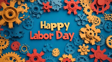 Colorful Gears Surrounding Happy Labor Day Text
