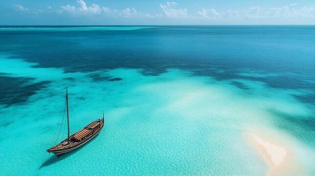 Aerial view of floating boat in transparent azure water on sunny summer day Mnemba island Zanzibar Top view of yacht sandbank in low tide clear blue sea sand sky with clouds Motorboat  : Generative AI