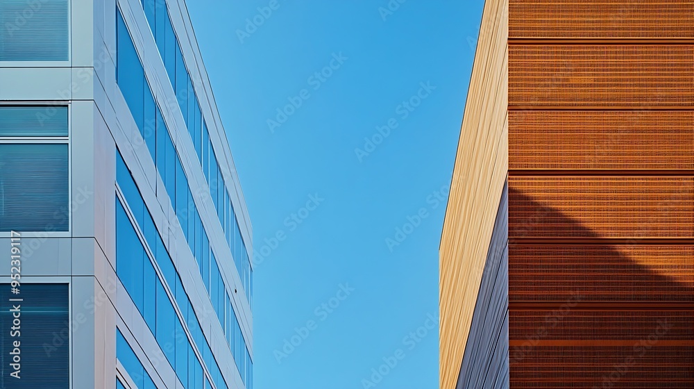 Poster the photo highlights the juxtaposition of two distinct building facades against the clear blue sky i
