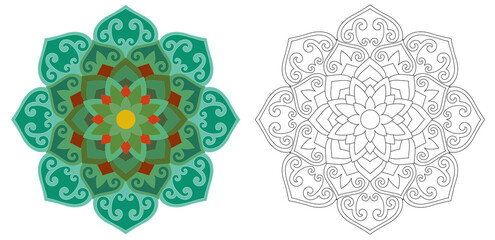 Mandala line art work illustration, Chinese, Japanese, Korean Buddhist pattern style, transparent background