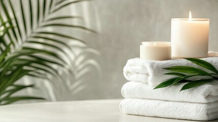 A stack of fresh towels and a candle in a spa setting, with space for text on a clean background.