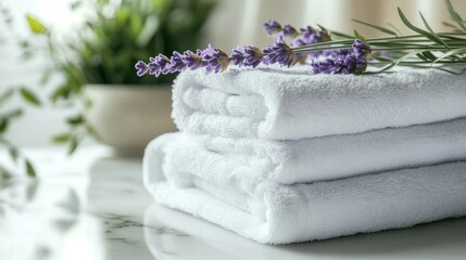 A stack of fresh, white towels on a spa table with a sprig of lavender, and space for text.