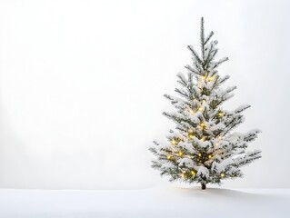 Lone Pine Tree Adorned with Shimmering Fairy Lights on Plain White Surface