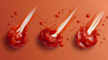 Set of splashes of delicious tomato ketchup, cut out on white background