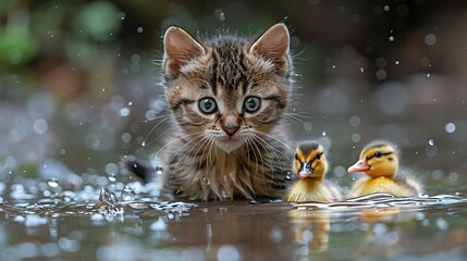 A curious tabby kitten sits in a puddle with two ducklings, their eyes locked on the camera.