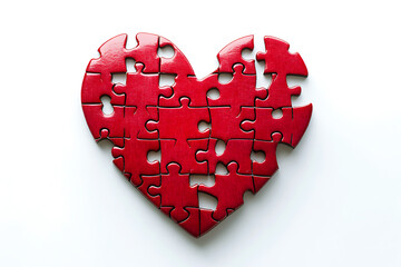 An isolated image of a red heart puzzle on a white background, symbolizing love, connection, and relationships, with pieces coming together to form a complete heart.