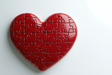 An isolated image of a red heart puzzle on a white background, symbolizing love, connection, and relationships, with pieces coming together to form a complete heart.