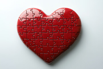 An isolated image of a red heart puzzle on a white background, symbolizing love, connection, and relationships, with pieces coming together to form a complete heart.