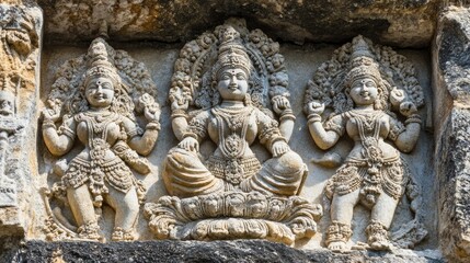 Obraz premium Ancient Hindu rock carvings with space for text on a plain background. Spiritual history.