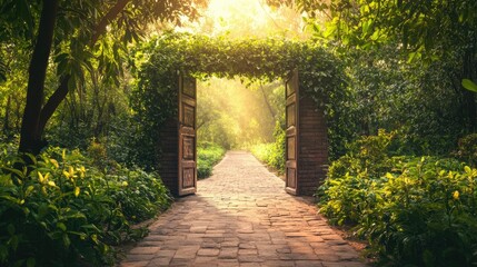 Ashram entrance with space for text on the pathway. Spiritual retreat in nature.