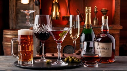 Selection of alcoholic drinks - beer, wine, martini, champagne, cognac whiskey rustic background