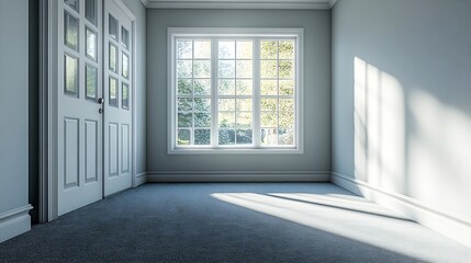 Fototapeta premium a empty bedroom with carpet and a window and bright walls great for virtual staging interior design : Generative AI