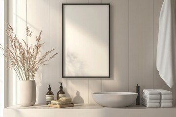 Fototapeta premium A serene bathroom scene with a minimalist design featuring plants and toiletries.