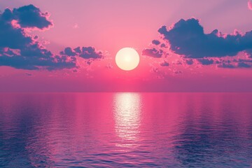 Pink Sunset over Calm Ocean with Clouds