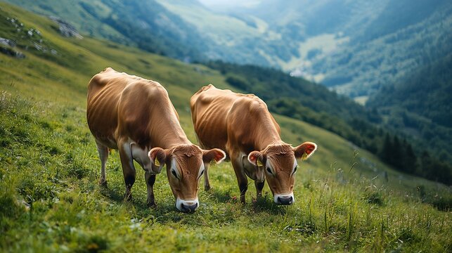 Two brown color cows graze on green grass free of pesticides in mountain meadow on sunny day in Carpathian Mountains Paltinis Romania : Generative AI - Powered by Adobe
