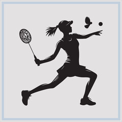Black silhouette of female badminton player on white background